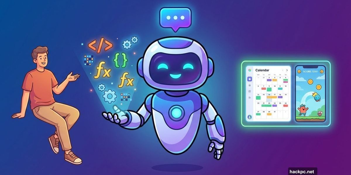 Friendly AI assistant offering code to casual person building apps