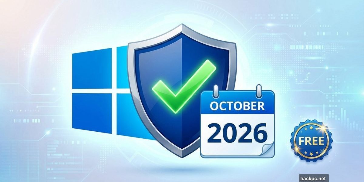 Windows 10 logo with security shield and October 2026 calendar