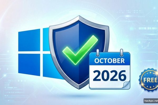 Windows 10 logo with security shield and October 2026 calendar