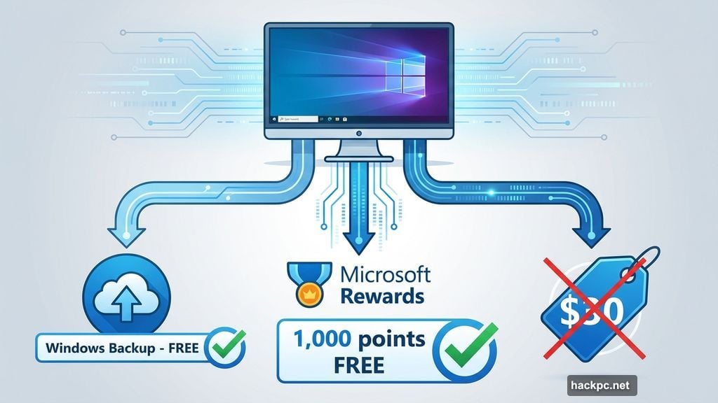 Two free enrollment methods through OneDrive backup or Microsoft Rewards points