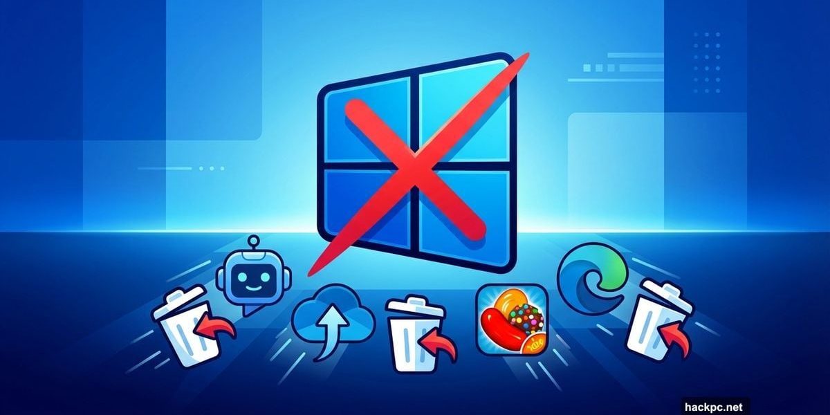Windows 11 logo with bloatware apps being removed and deleted