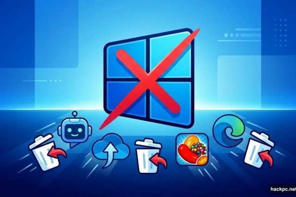 Windows 11 logo with bloatware apps being removed and deleted