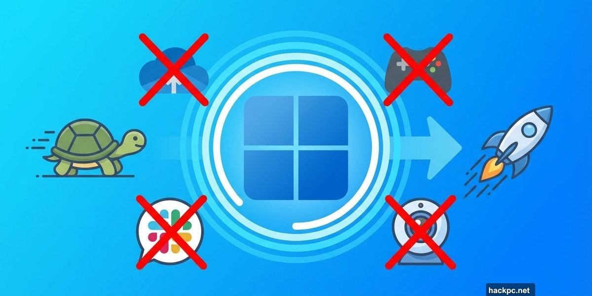 Windows 11 logo with crossed-out startup apps transforming slow to fast