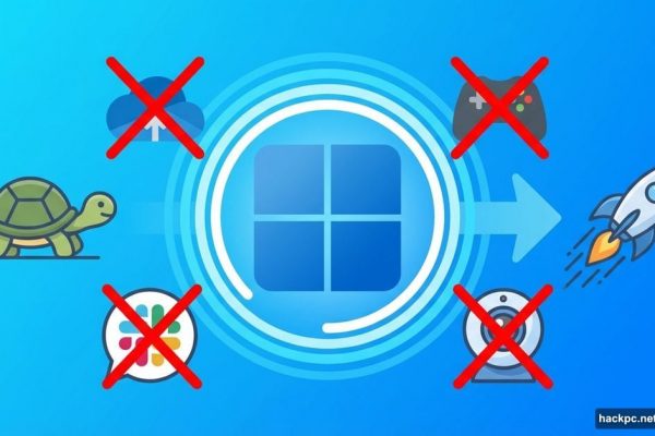 Windows 11 logo with crossed-out startup apps transforming slow to fast