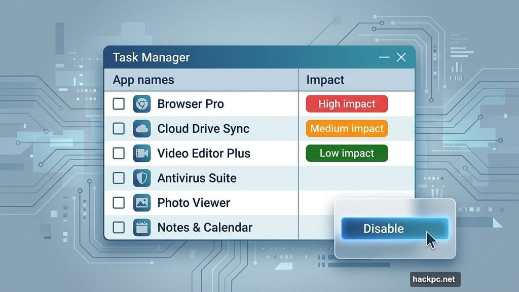 Task Manager shows startup impact as high medium or low