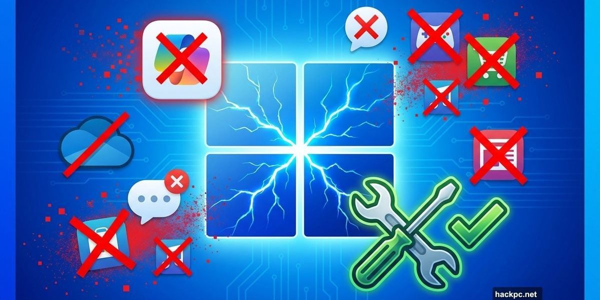 Cracked Windows 11 logo surrounded by deleted features and repair tools