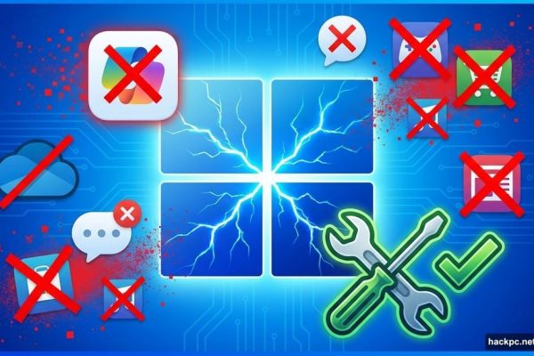 Cracked Windows 11 logo surrounded by deleted features and repair tools