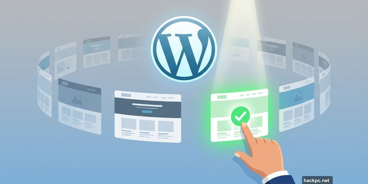 Hand selecting one WordPress theme from many floating options around logo
