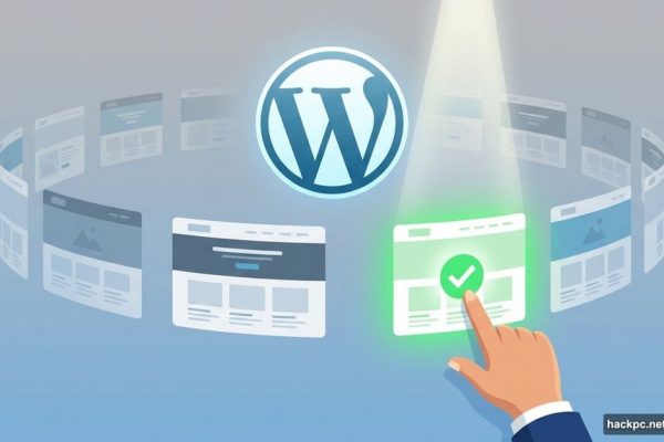 Hand selecting one WordPress theme from many floating options around logo