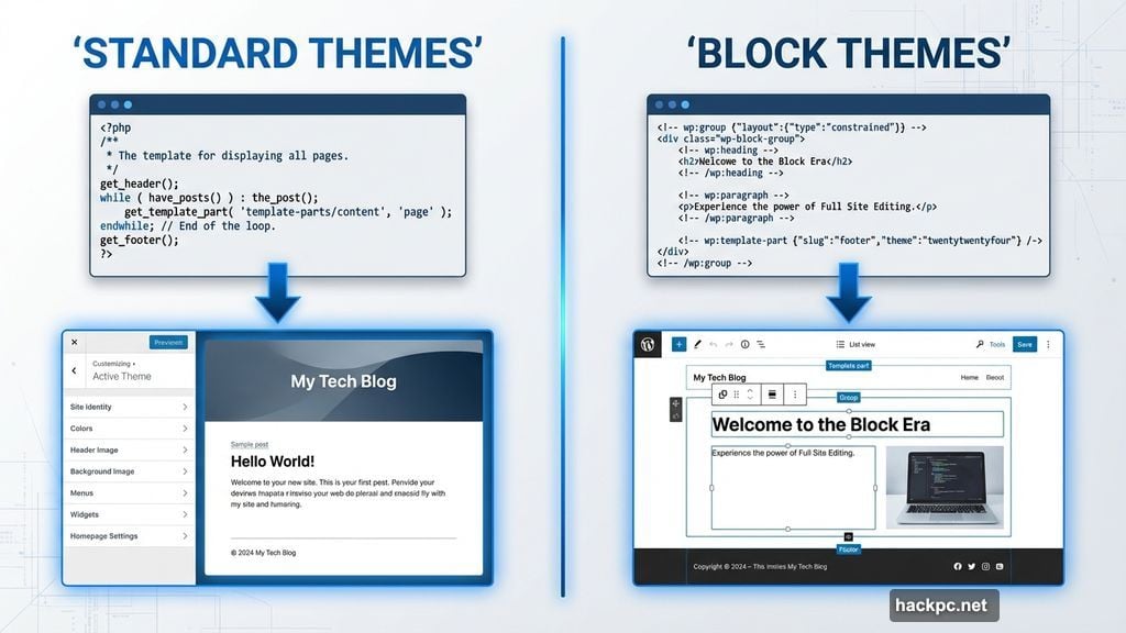 Standard themes use PHP and Customizer versus block themes use HTML