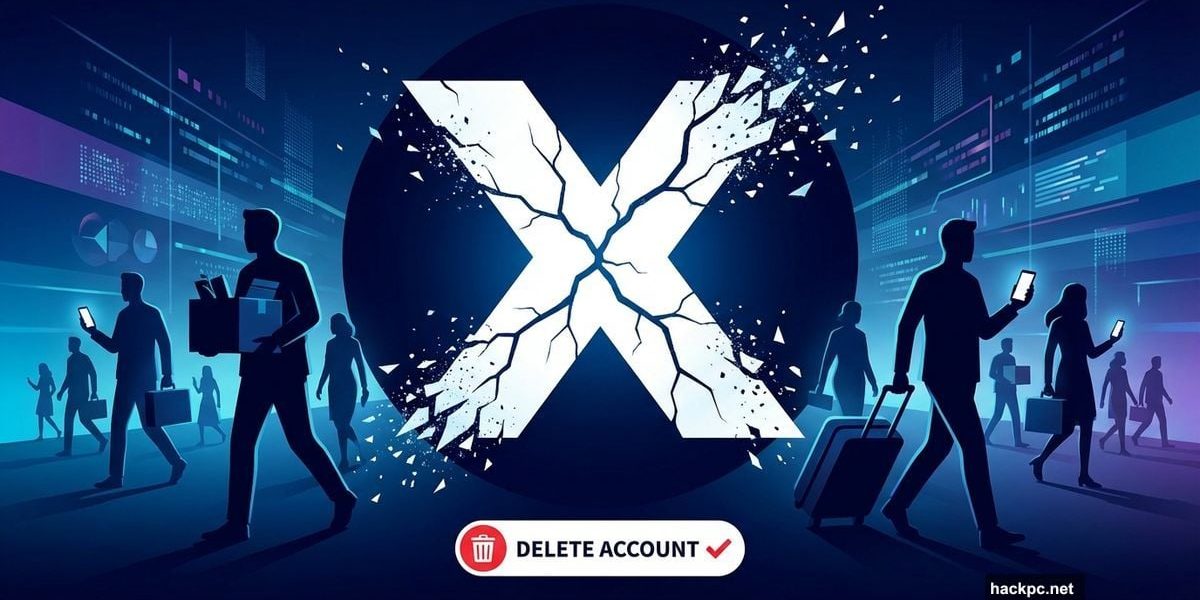 Cracked X platform logo with user silhouettes walking away
