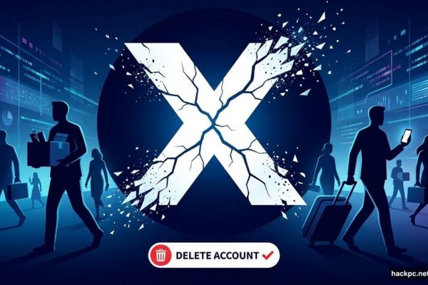 Cracked X platform logo with user silhouettes walking away