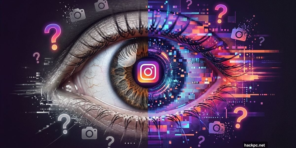 Human eye half-real half-digital with Instagram logo questioning visual reality