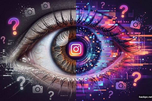 Human eye half-real half-digital with Instagram logo questioning visual reality