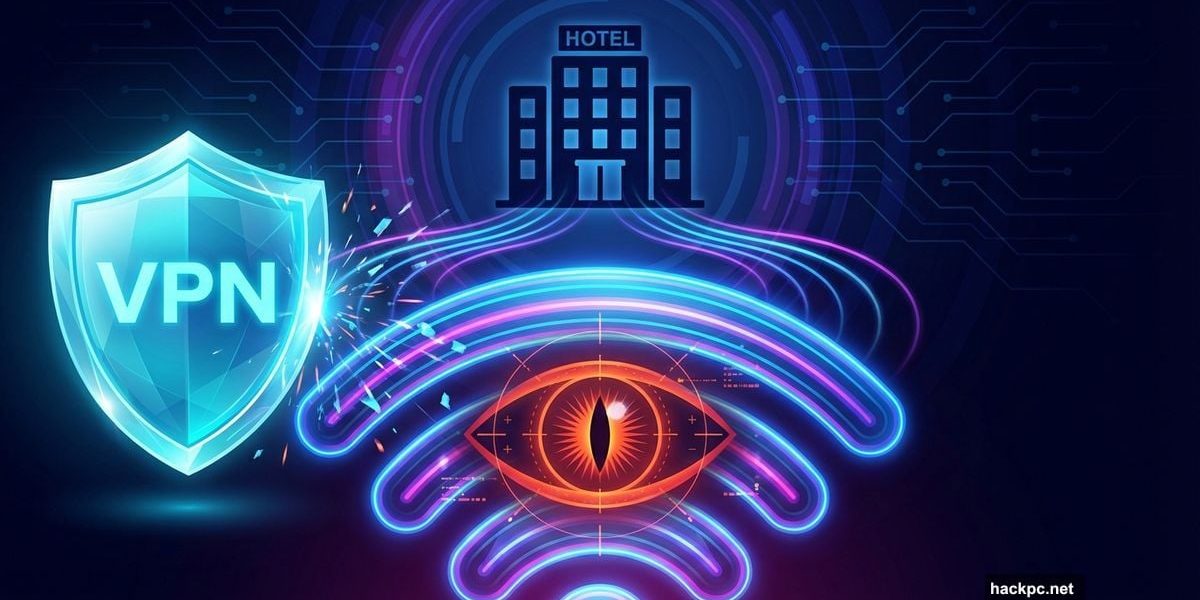 Hotel Wi-Fi symbol with surveillance eye blocked by VPN shield