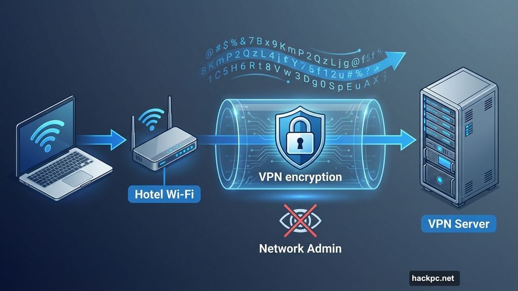 VPN encrypts traffic before leaving device to prevent hotel spying
