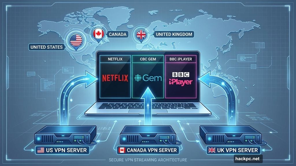 VPN bypasses geographic restrictions for Netflix, CBC Gem, and BBC iPlayer