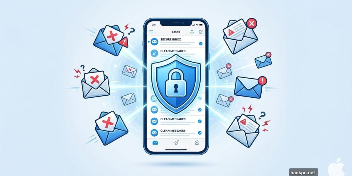 iPhone with protective shield deflecting spam email envelopes away