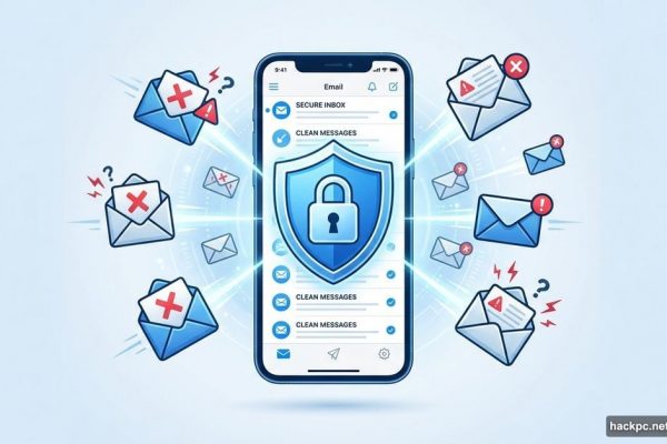iPhone with protective shield deflecting spam email envelopes away