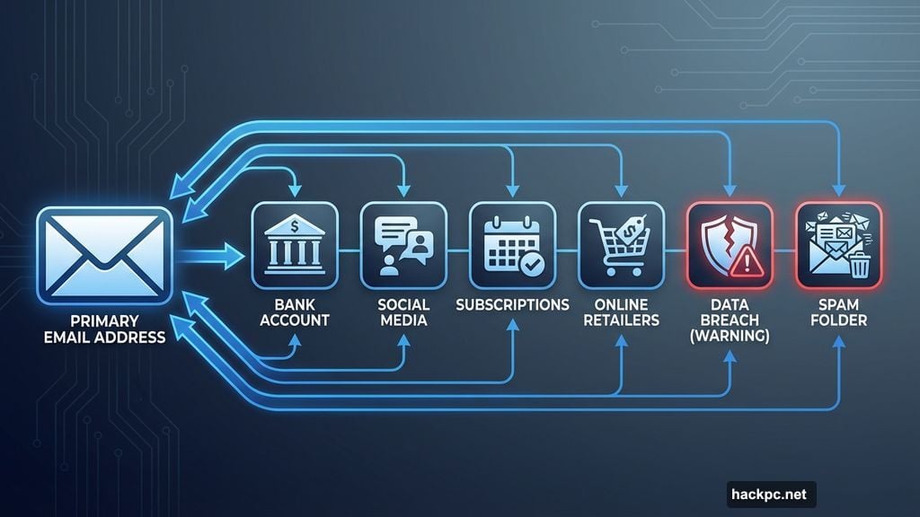 Main email connects to bank, social media, and subscriptions