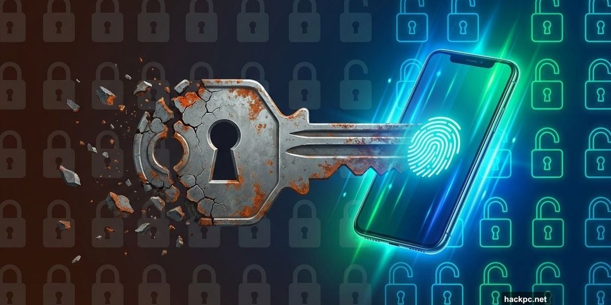 Traditional metal key crumbling into modern smartphone with fingerprint security