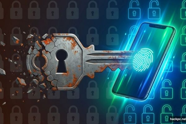 Traditional metal key crumbling into modern smartphone with fingerprint security