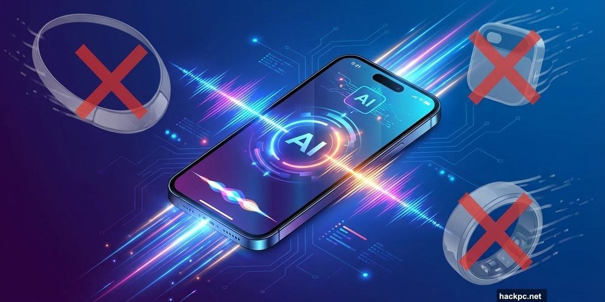 iPhone surrounded by faded AI wearable gadgets being replaced