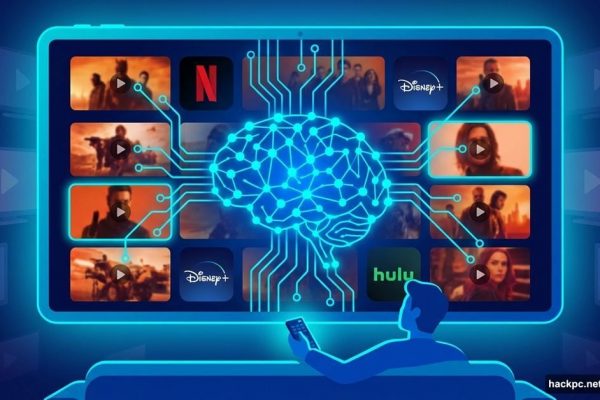 AI brain connecting streaming shows on screen above person with remote