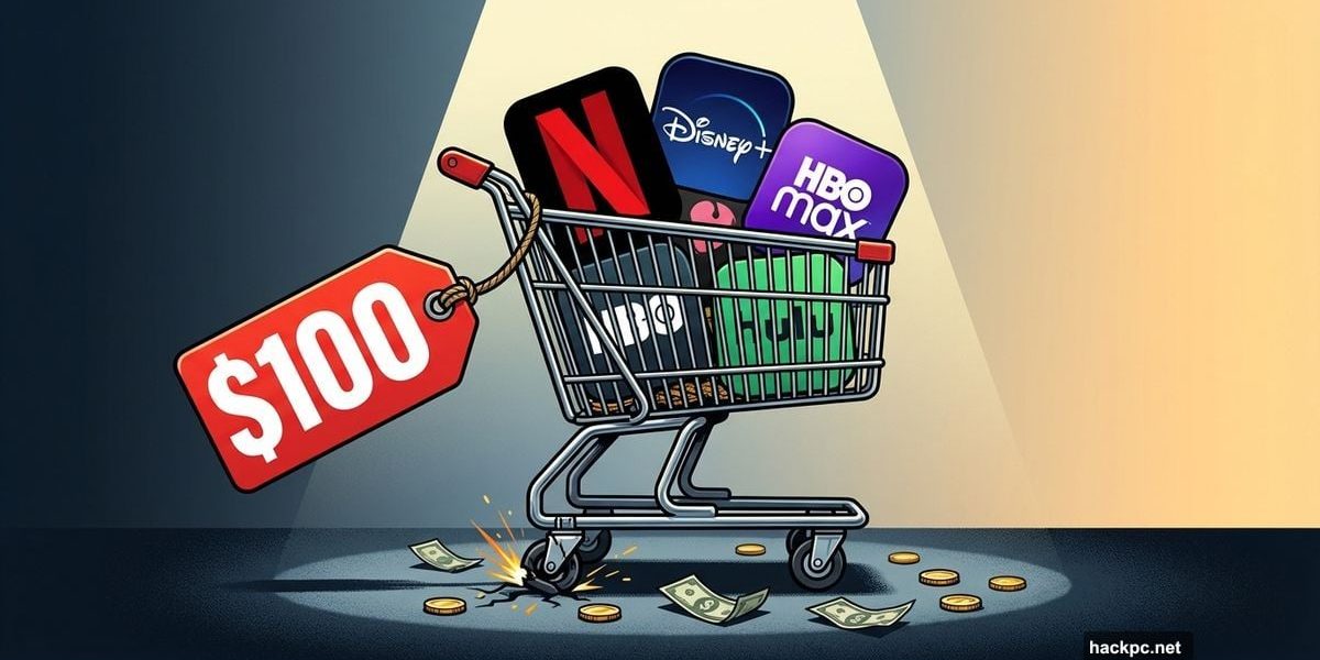 Shopping cart overflowing with streaming logos attached to hundred dollar price tag