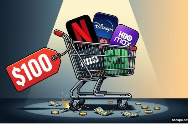 Shopping cart overflowing with streaming logos attached to hundred dollar price tag