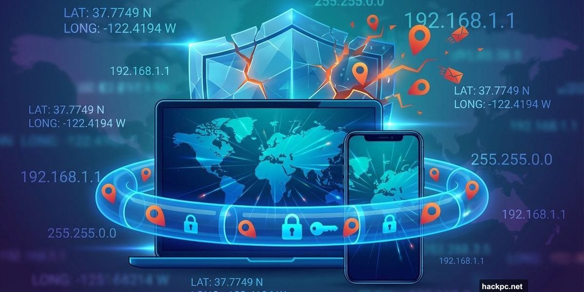 VPN shield protecting laptop and phone from leaking location data