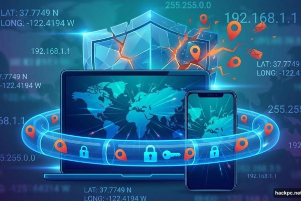 VPN shield protecting laptop and phone from leaking location data