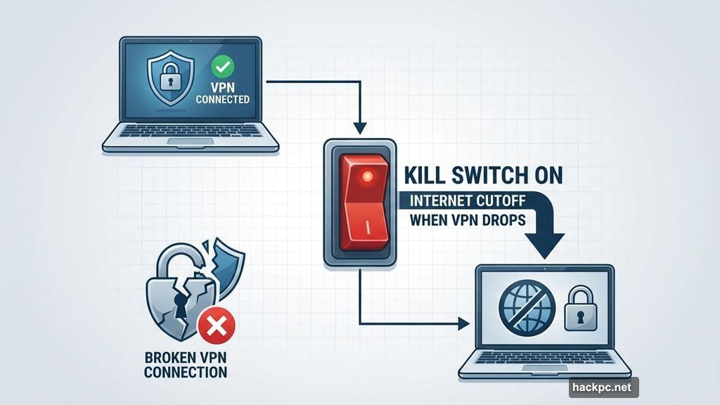 Kill switch cuts internet if VPN drops preventing accidental leaks