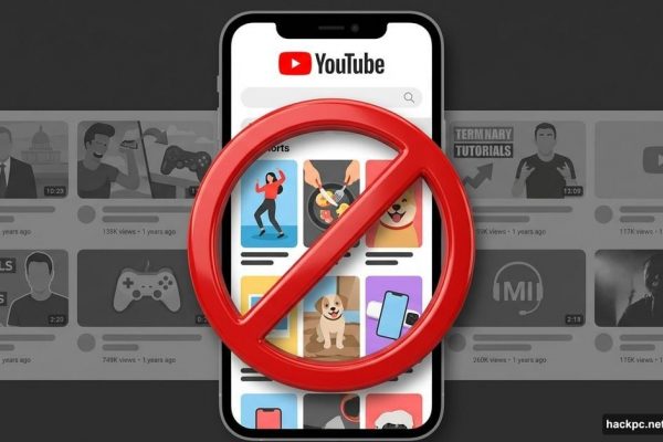 YouTube mobile interface with red prohibition symbol blocking Shorts from search results