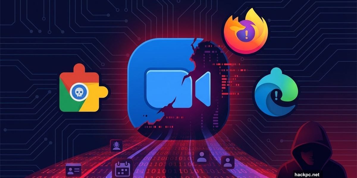 Zoom logo surrounded by malicious browser extensions stealing meeting data