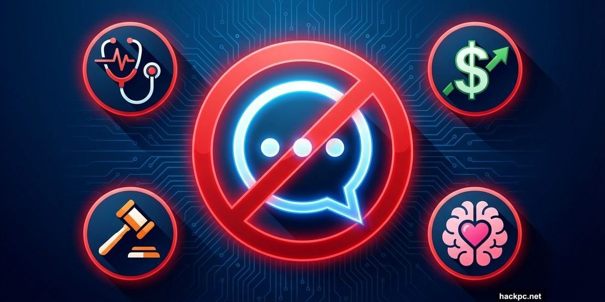 ChatGPT logo crossed out with warning symbols for health, finance, legal, mental health