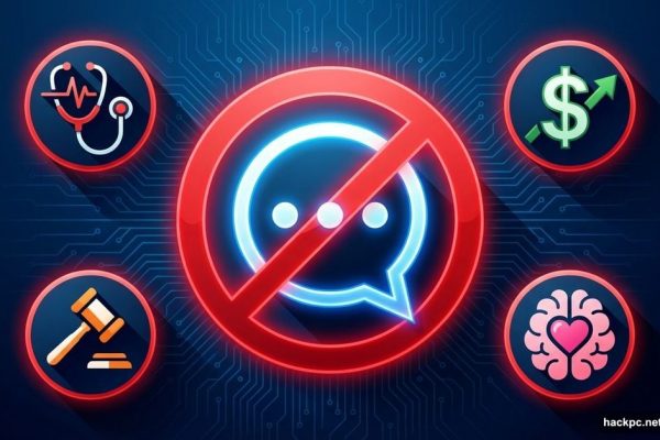 ChatGPT logo crossed out with warning symbols for health, finance, legal, mental health