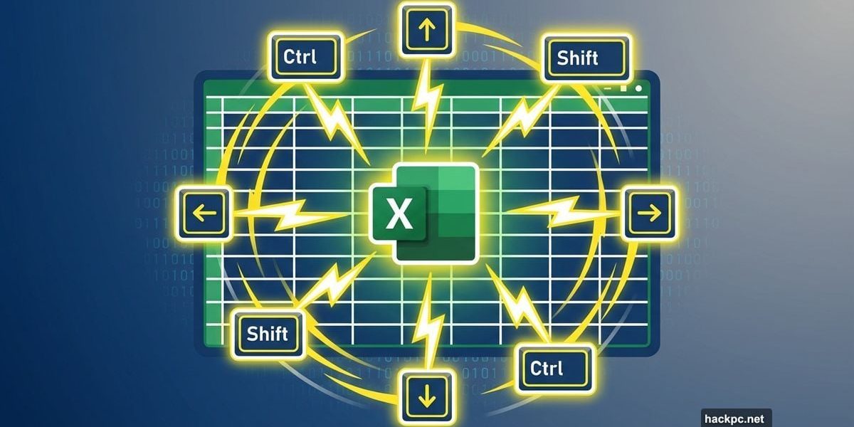 Excel spreadsheet with keyboard shortcut keys radiating lightning bolts symbolizing speed