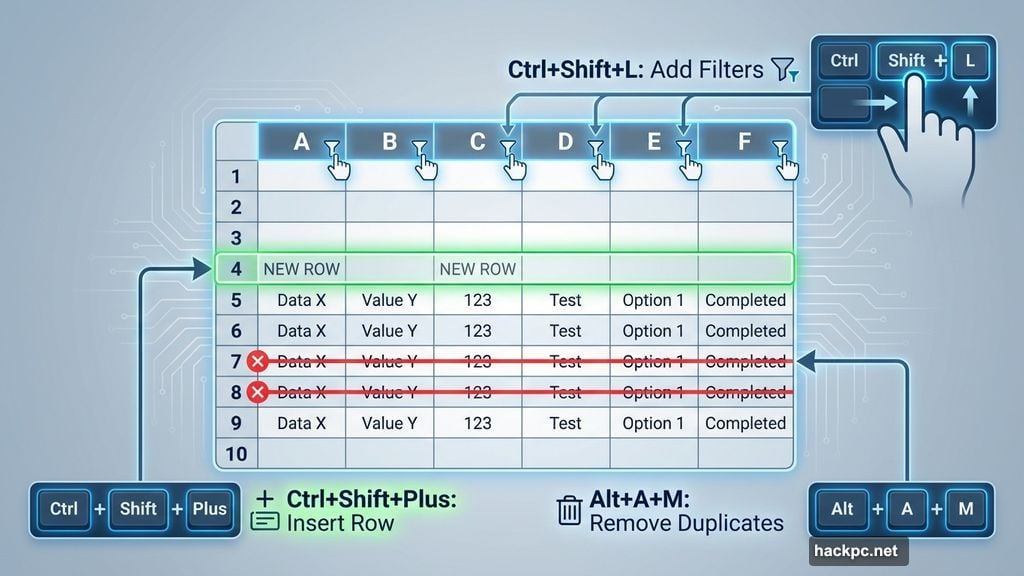 Table management shortcuts for filters, inserting rows, and removing duplicates