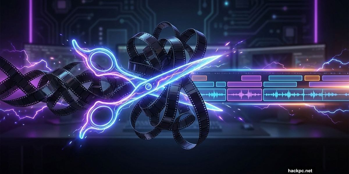 Glowing futuristic scissors organizing messy film strips into a neat video timeline.