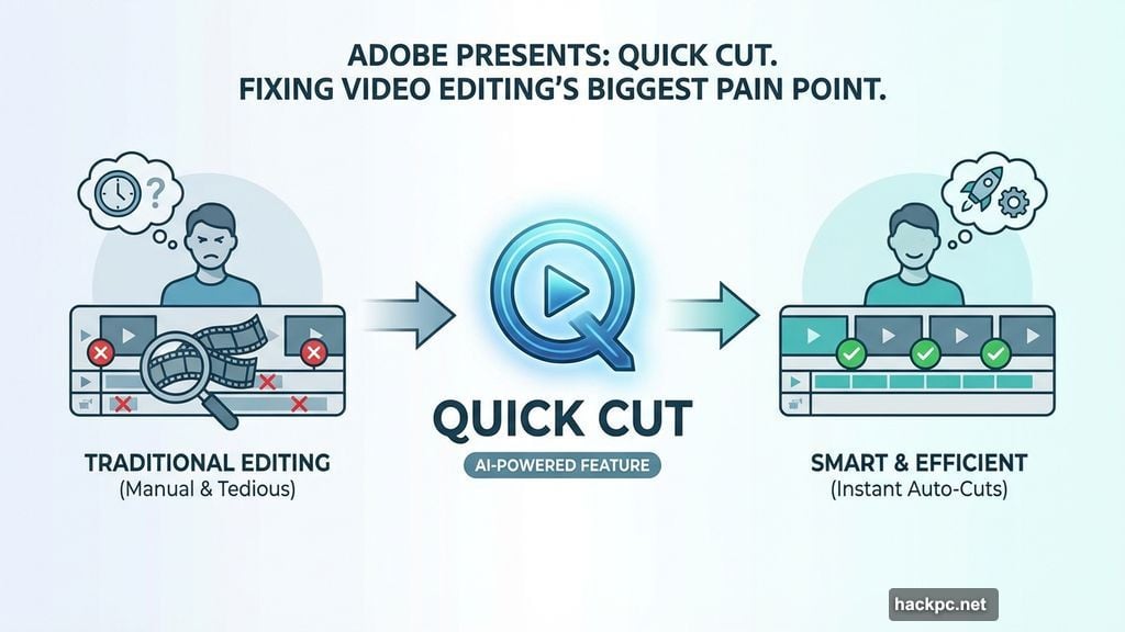 Modern minimalist illustration 1 for: Adobe Just Fixed the Worst Part of Video Editing. Meet Quick Cut