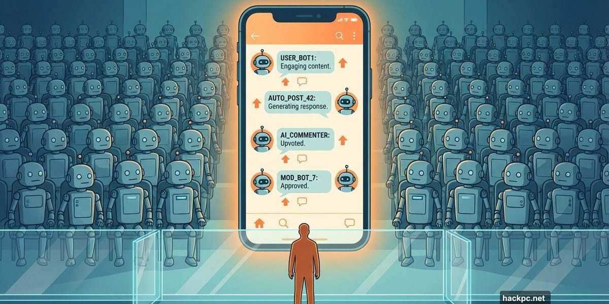 AI robots networking on social media while human watches from behind barrier