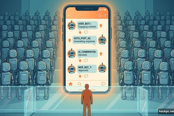AI robots networking on social media while human watches from behind barrier