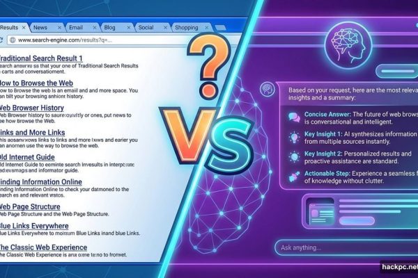 Traditional browser with multiple tabs versus AI-powered browser interface comparison