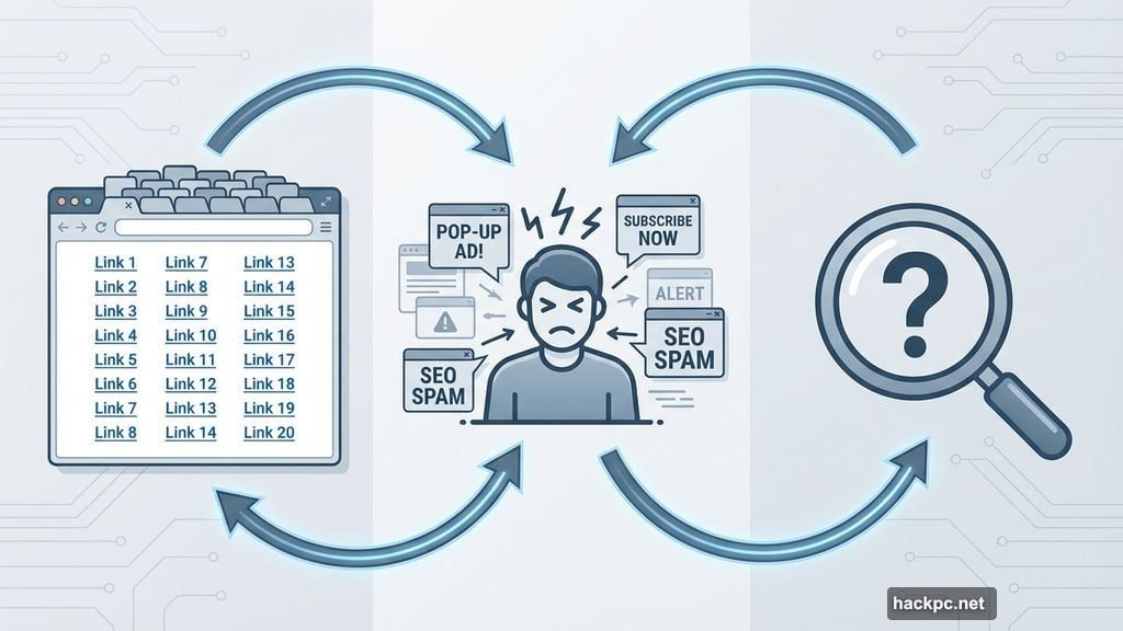 Traditional browsing: blue links, twenty tabs, and SEO spam