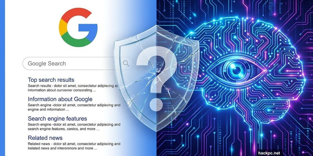 Google logo versus AI neural network brain with question mark shield between them