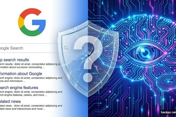 Google logo versus AI neural network brain with question mark shield between them