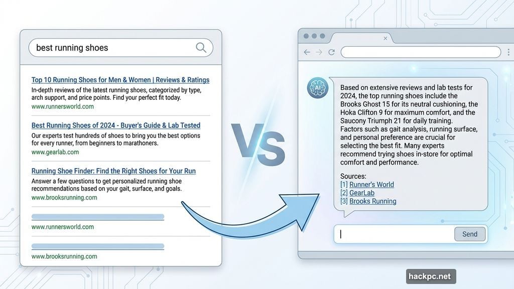 Traditional keyword search versus AI semantic search with synthesized answers