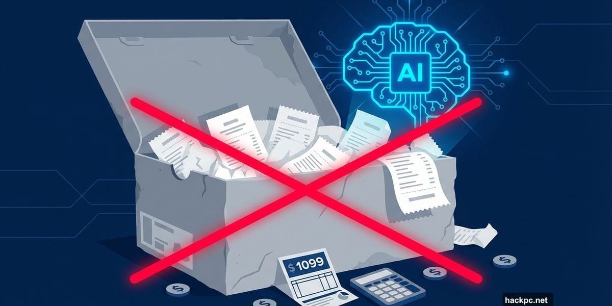 Shoebox with receipts crossed out, replaced by glowing AI brain