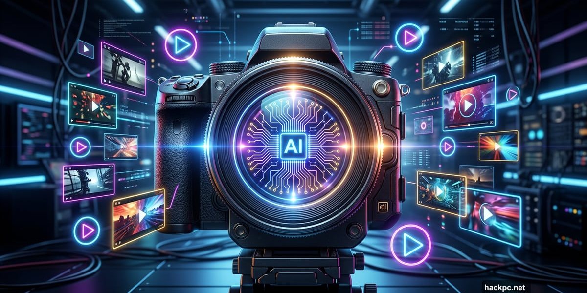 Glowing futuristic camera lens with AI circuits and floating play buttons.